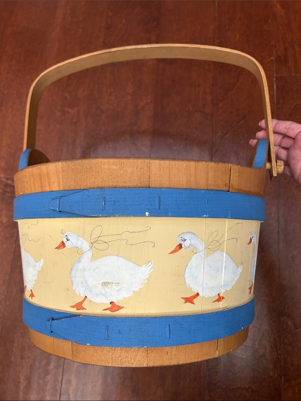 Large Vintage Basketville Goose Wooden Basket, Yellow & Blue Handmade in Vermont